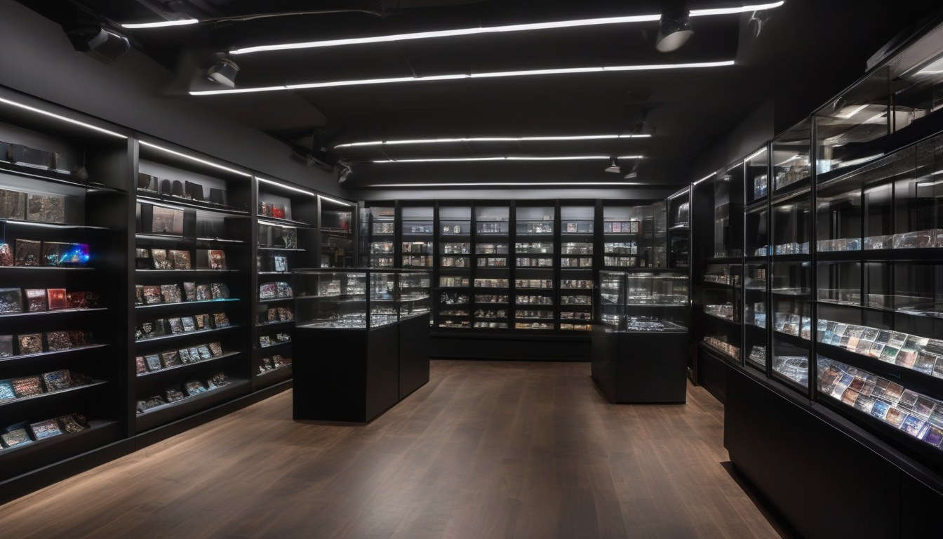 A dark, modern collectibles shop interior with lit glass cases and shelved sleeved cards.