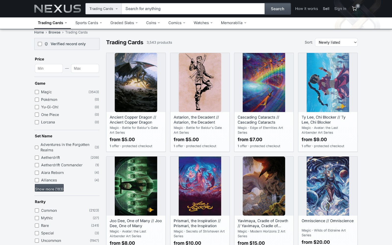 The live NEXUS marketplace: Trading Cards, 3,543 products, with filters for game, set and rarity and listings with prices.
