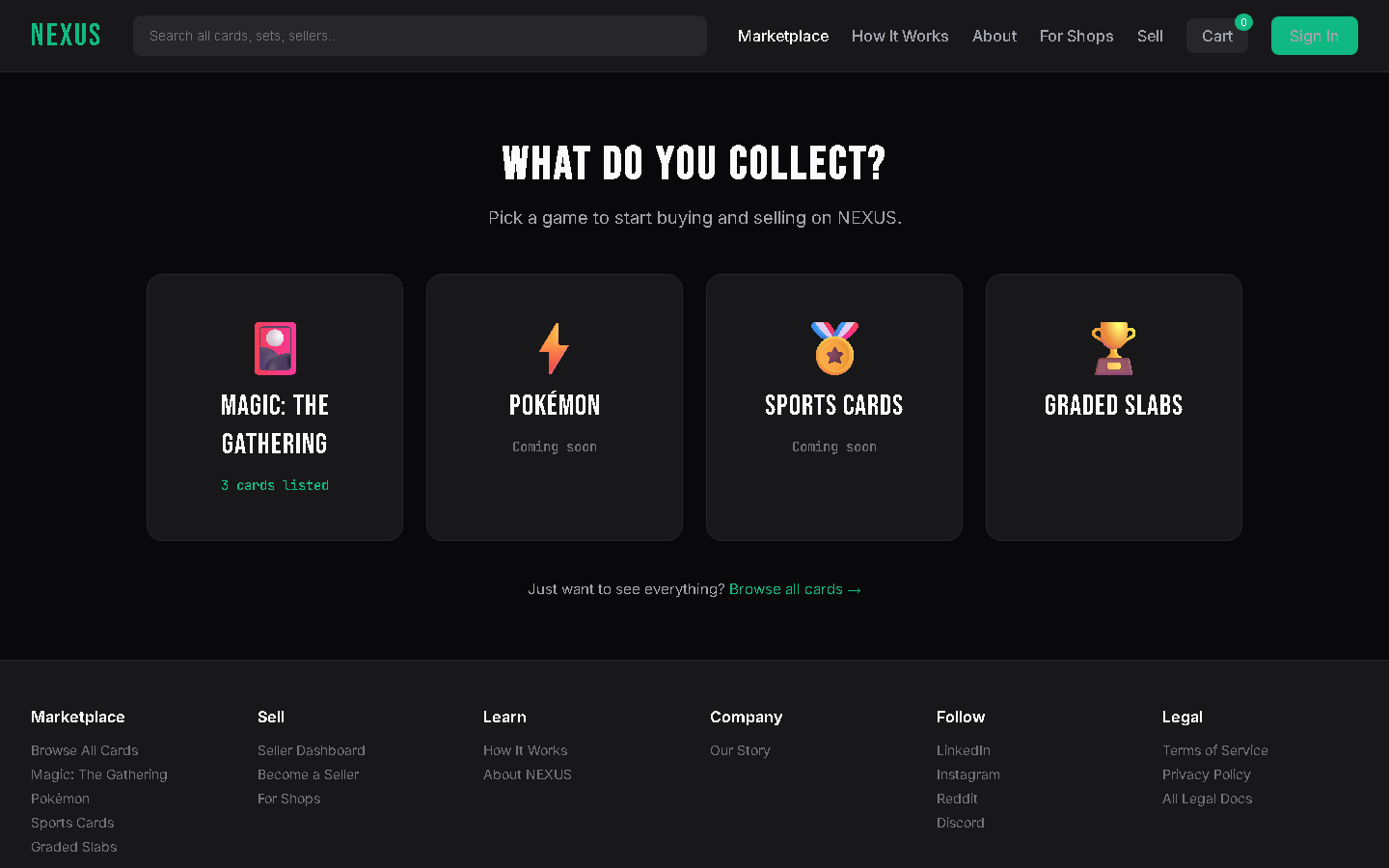 The live NEXUS marketplace: a search bar, category browse and listings.