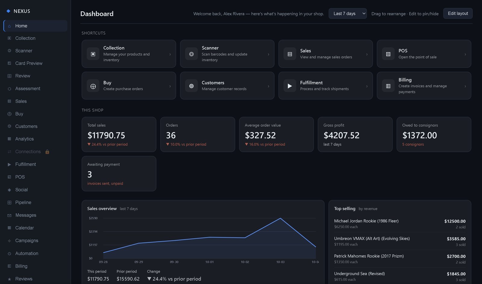 The NEXUS shop OS dashboard: shortcuts to collection, scanner, sales, POS, buy, customers, fulfillment and billing, this shop's sales, orders and gross profit, a sales chart and top sellers.