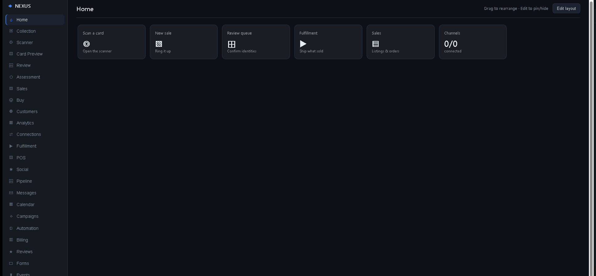 The NEXUS shop OS running: a left sidebar of modules including collection, scanner, sales, buy, customers, analytics, POS, fulfillment and billing, beside a home dashboard of shortcuts.