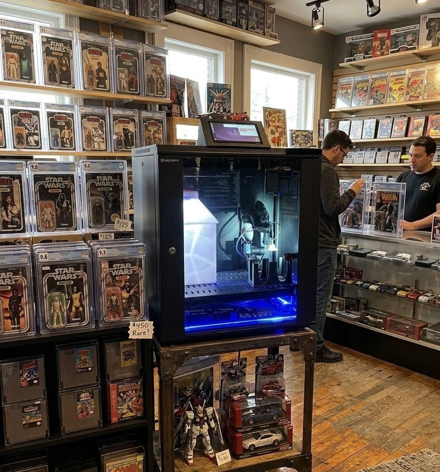 A NEXUS scanning unit on a bench: rack cabinet with a glass door, controlled-light chamber, transfer arm above a stack of cards, operator touchscreen on top.